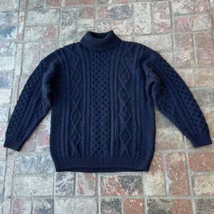 Carraigdonn 100% Merino Wool Blue Sweater Made in Ireland Turtleneck Knit Size L